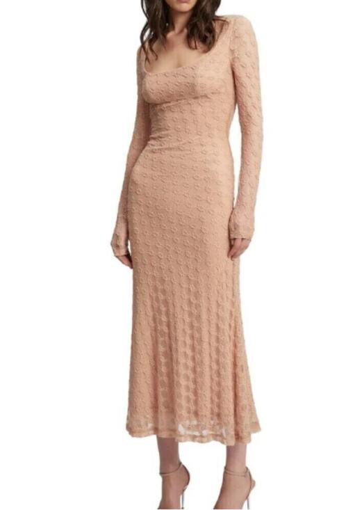 Bardot Dresses & Skirts - Bardot Beige Cocktail Dress Adoni Floral Lace Long Sleeve Midi Sheath Size 10